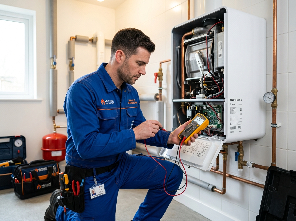 Servisný technik pri diagnostike a servise plynového kotla
